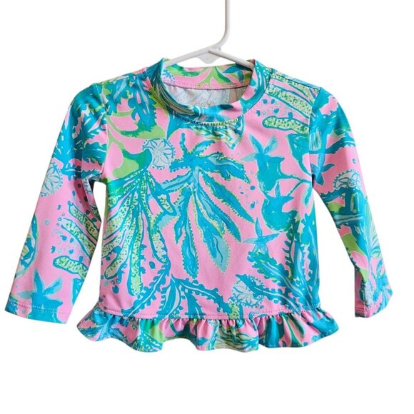 Lilly Pulitzer Retreat Aqua Bright Long Sleeve Rash Guard Ruffle Bottom Top 3T - Picture 1 of 7